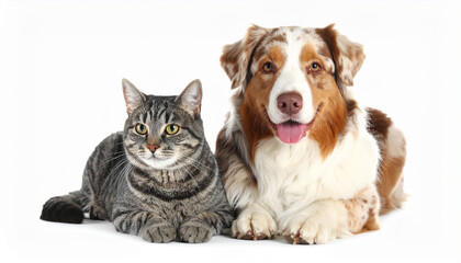 Fototapeta premium Cute domestic dog and adorable young fluffy cat sitting together on white