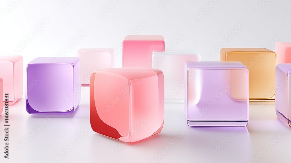 Poster row of colorful cubes are arranged in a pattern. the cubes are made of glass and are of various colo