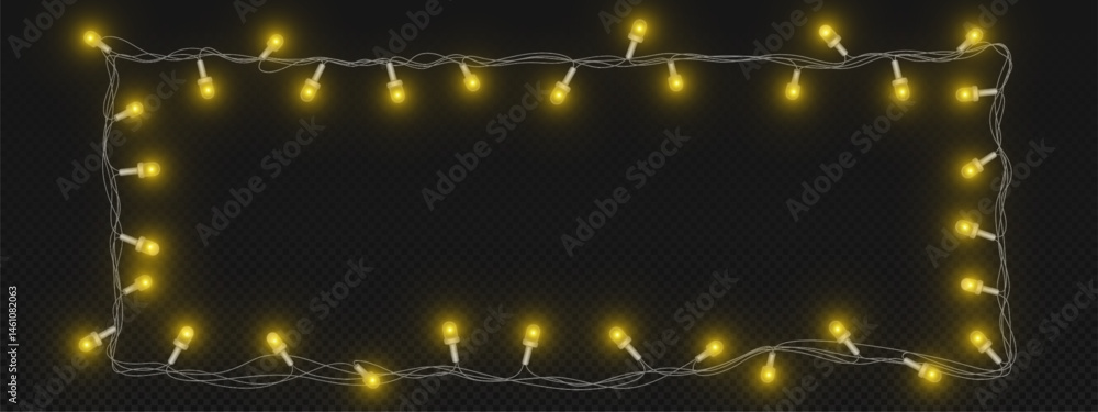 Poster glowing fairy lights garland frame - string of yellow illuminated mini bulbs arranged in rectangular