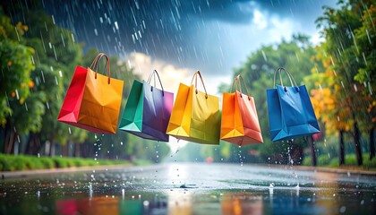 Colorful Shopping Bags Falling in the Rain a Rainy Day Shopping Spree