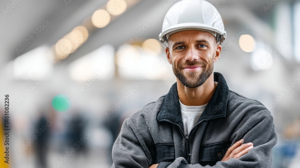 Poster man wearing a hard hat and a gray jacket is smiling for the camera. he is posing for a photo in a bu