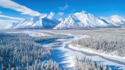 Obraz premium Snowy mountains and trees stretch under a blue sky with scattered clouds. Use for travel, winter landscapes, or majestic nature themes.