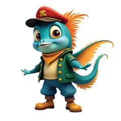 Fototapeta premium Happy Cartoon Fish Character Wearing a Hat and Jacket