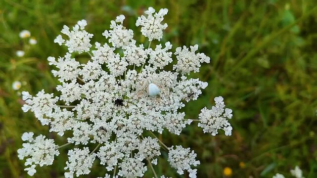 Misumena spider, spider sitting on a white flower inflorescence in a meadow