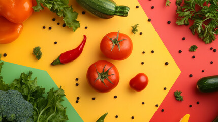 Fresh organic vegetables arranged in vibrant and colorful display, featuring tomatoes, peppers, zucchini, and various greens, creating lively and healthy atmosphere