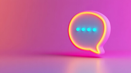 3D render of speech bubble with glowing edges and dots, set against colorful gradient background. This evokes sense of communication and modern design