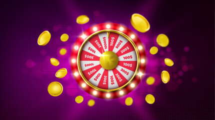 Fortune wheel with glowing light bulbs, winning bet sectors on spinning roulette. Gambling lottery luck concept, casino jackpot chance circle surrounded by golden coins flying around on purple bg.