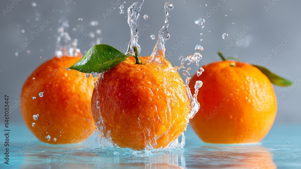 Poster three oranges are floating in water, with one of them being cut in half. the water is splashing arou