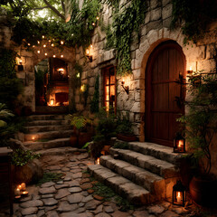 Enchanted Stone Courtyard at Night Cozy Medieval Village Scene