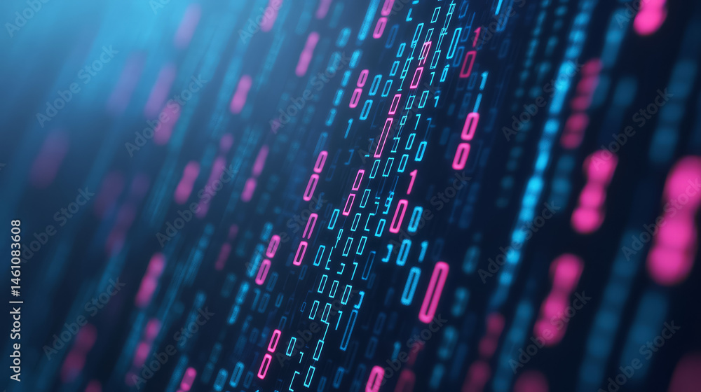 Poster digital background featuring flowing binary code vibrant blue and pink hues, creating futuristic