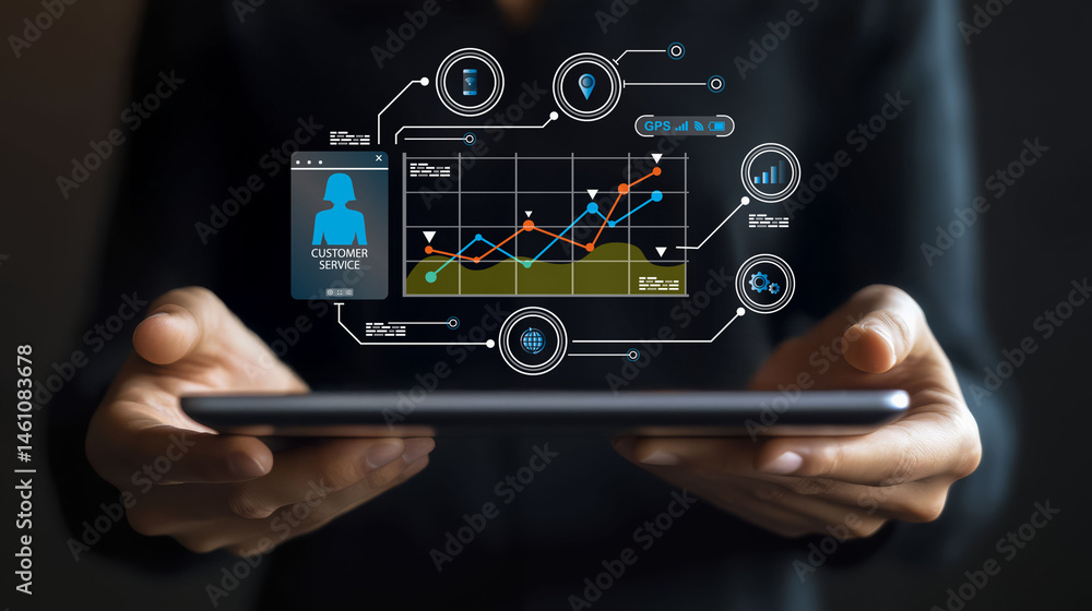 Poster business analytics and customer service data visualization on tablet screen