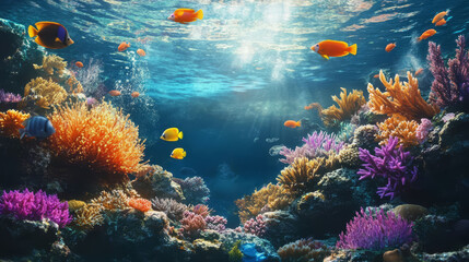Vibrant underwater scene filled with colorful fish and coral, showcasing marine life