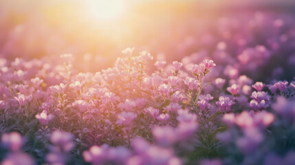 beautiful field of pink flowers illuminated by warm glow of sunset, creating serene and enchanting atmosphere that captures essence of summer beauty