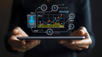 Business analytics and customer service data visualization on tablet screen