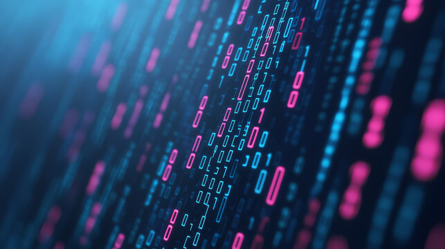Digital background featuring flowing binary code vibrant blue and pink hues, creating futuristic