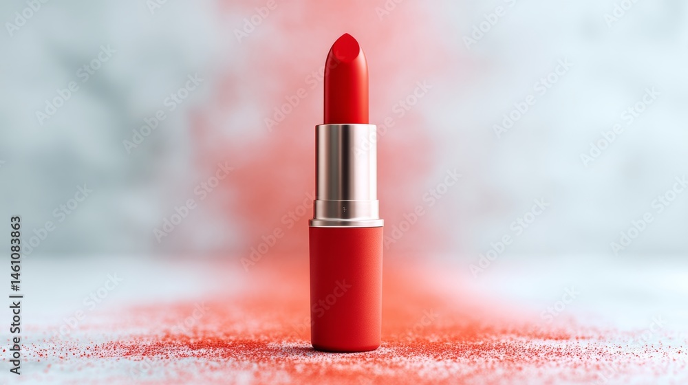 Poster red lipstick is on a table with a red background. the lipstick is the main focus of the image