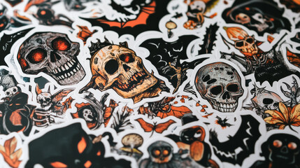 Naklejka premium Spooky Halloween stickers featuring skulls, bats, and eerie designs create haunting atmosphere perfect for festive decorations. These vibrant illustrations capture essence of Halloween fun