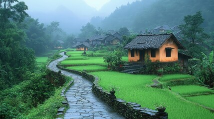 Fototapeta premium Winding path through lush rice paddies. Misty mountain village nestled in green valley