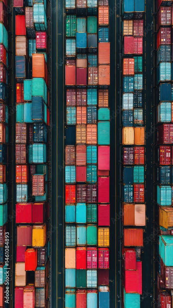 Poster the image is a colorful view of a large container ship with many different colored containers stacke