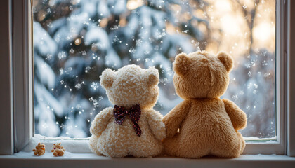 Two cute teddy bears near window indoors rear