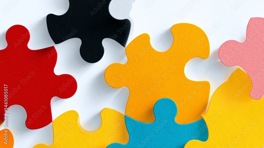 Poster jigsaw puzzle with pieces in different colors. the puzzle is incomplete and scattered on a white bac