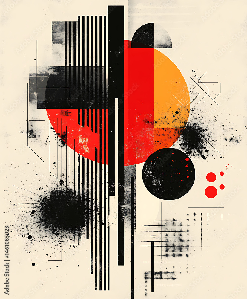 Poster abstract composition with geometric shapes lines and splatter design red yellow and black