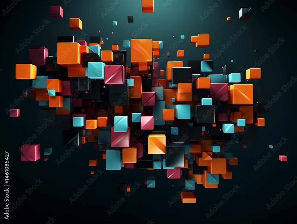 Poster floating cubes: a dynamic composition of geometric shapes in vibrant colors