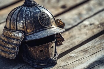 Antique samurai helmet resting on wooden planks.