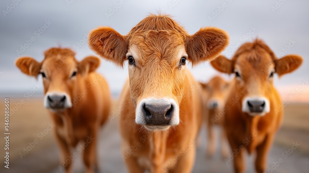 Poster three cows standing in a field with a road in the background. the cows are brown and have their head