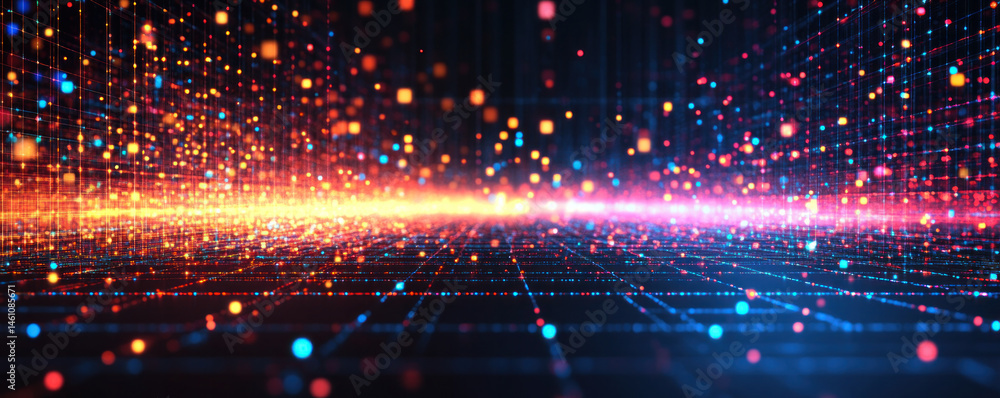 Poster a colorful, abstract image of a galaxy with many small dots. the dots are of different colors and si