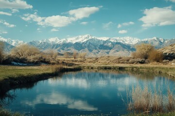 Fototapeta premium A calm pond reflects snow-capped mountains under a partly cloudy blue sky. Use for travel, nature, or landscapes depicting the American west regions.