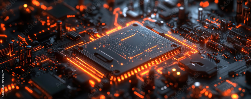 Poster a close up of a computer chip with orange lights. the chip is a part of a computer and is glowing br
