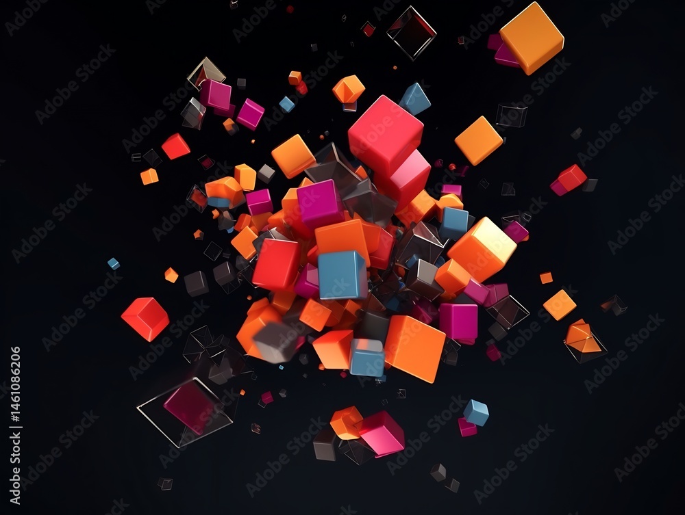 Poster abstract arrangement with cubic shapes and dynamic movement on dark ground