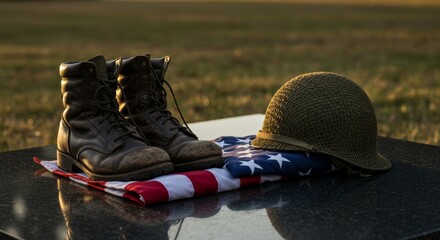 Solemn tribute: Boots, helmet and flag in silent memorial on a marble stone
