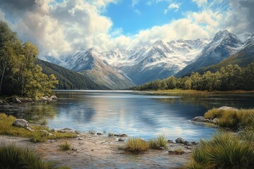 Fototapeta premium Serene lake reflects snow-capped mountains beneath a partly cloudy sky. Use this for travel brochures, landscape art, and inspirational posters.