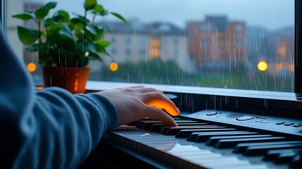Rainy day piano practice at window
