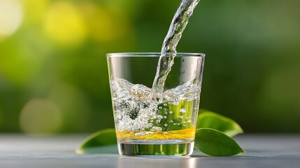 Glass of water is pouring out of it. The water is clear and the glass is half full. Concept of freshness and purity, as well as the importance of staying hydrated