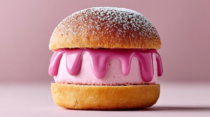 Pink ice cream sandwich with pink icing drizzled on top. The icing is thick and looks like it's melting