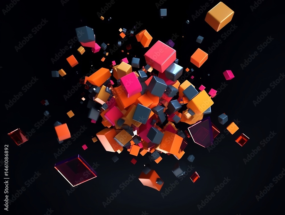 Poster dynamic explosion of vibrant 3d cubes on a contrasting dark background