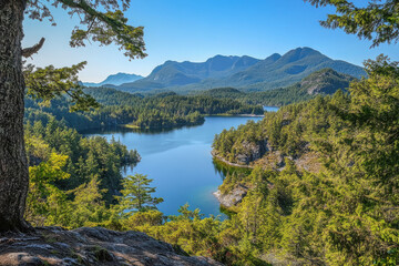 breathtaking view of canadian national park showcasing lush green forests towering mountains and serene lake.