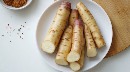 Flat lay of Mingwa Gabonese yam peeled boiled perfection served pristine white plate sprinkle of...