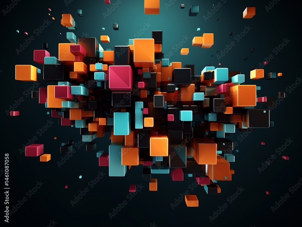 Poster abstract cluster of vibrant cubes floating in a three-dimensional space