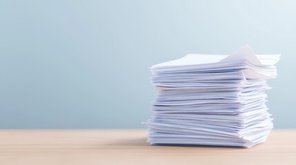 A neat stack of blank white printer paper sits on a light wood table against a simple, clean blue wall in a minimalist office setting ready for printing tasks.