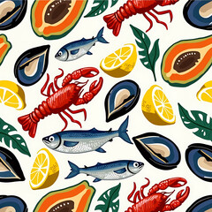 Seafood and Fruit Pattern: A vibrant and appetizing seamless pattern featuring a medley of culinary delights: fresh lobster, fish, mussels, papaya slices, and zesty lemon wedges.