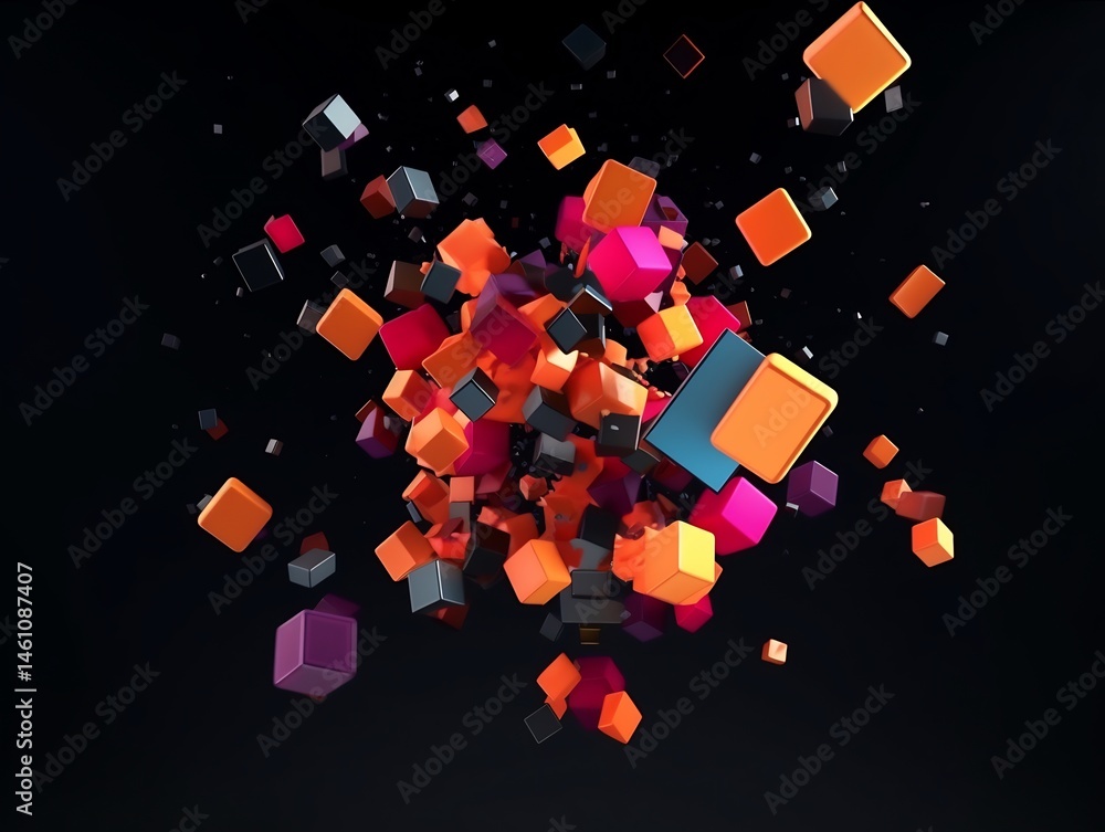 Poster dynamic 3d cubes composition with vibrating colors on black background