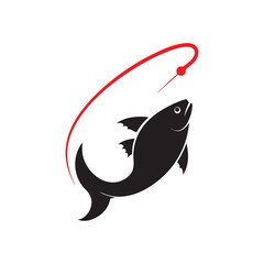 Hooked Fish Silhouette in Air Fishing Scene Vector