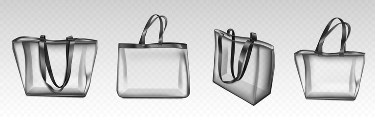 Transparent tote bags set - clear plastic shopping handbags with black handles, empty pockets. Realistic 3d mockups of see through purses, eco friendly packaging. Vector fashion accessory illustration