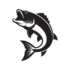 Leaping Bass Fish Silhouette Isolated on White