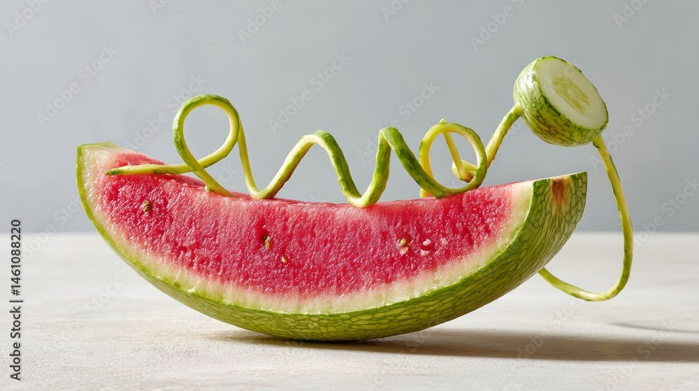 Poster watermelon is sliced in half and has a cucumber on top. the cucumber is curled around the watermelon