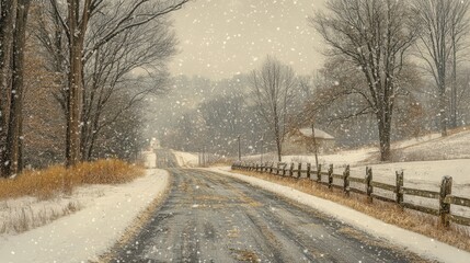 Snow falls on a rural road with trees and a wooden fence during the winter season. Use for stories about winter, rural life, travel, or country roads.